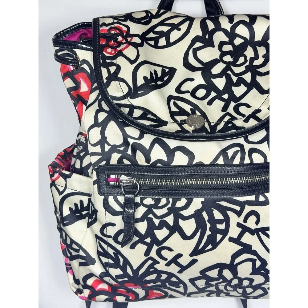 Coach Poppy Daisy Graffiti Backpack Floral Satin Black White Pink Travel Casual